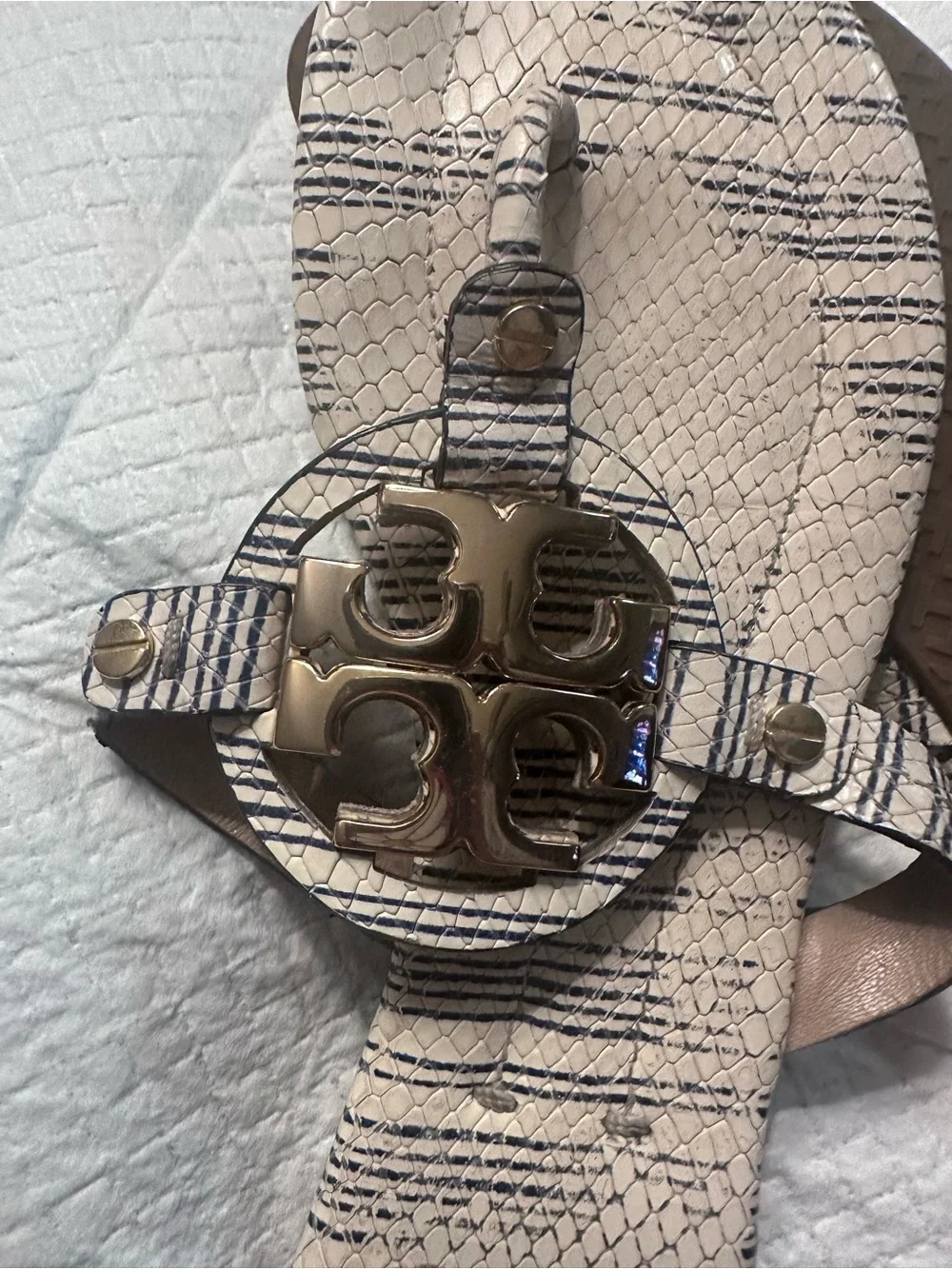 Tory Burch Off White/Blue Striped Snake Leather Miller Gold Metal Sandals 8.5